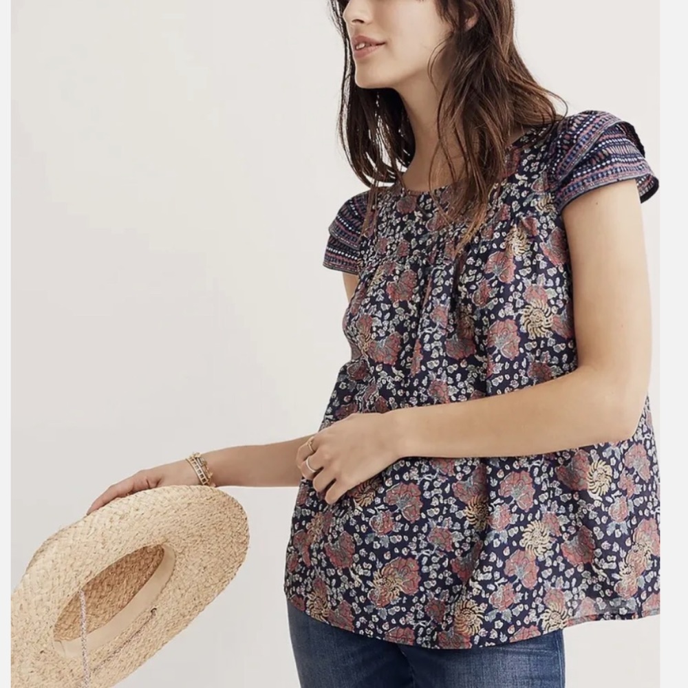 Madewell Navy Floral Short-Sleeve Peasant Blouse